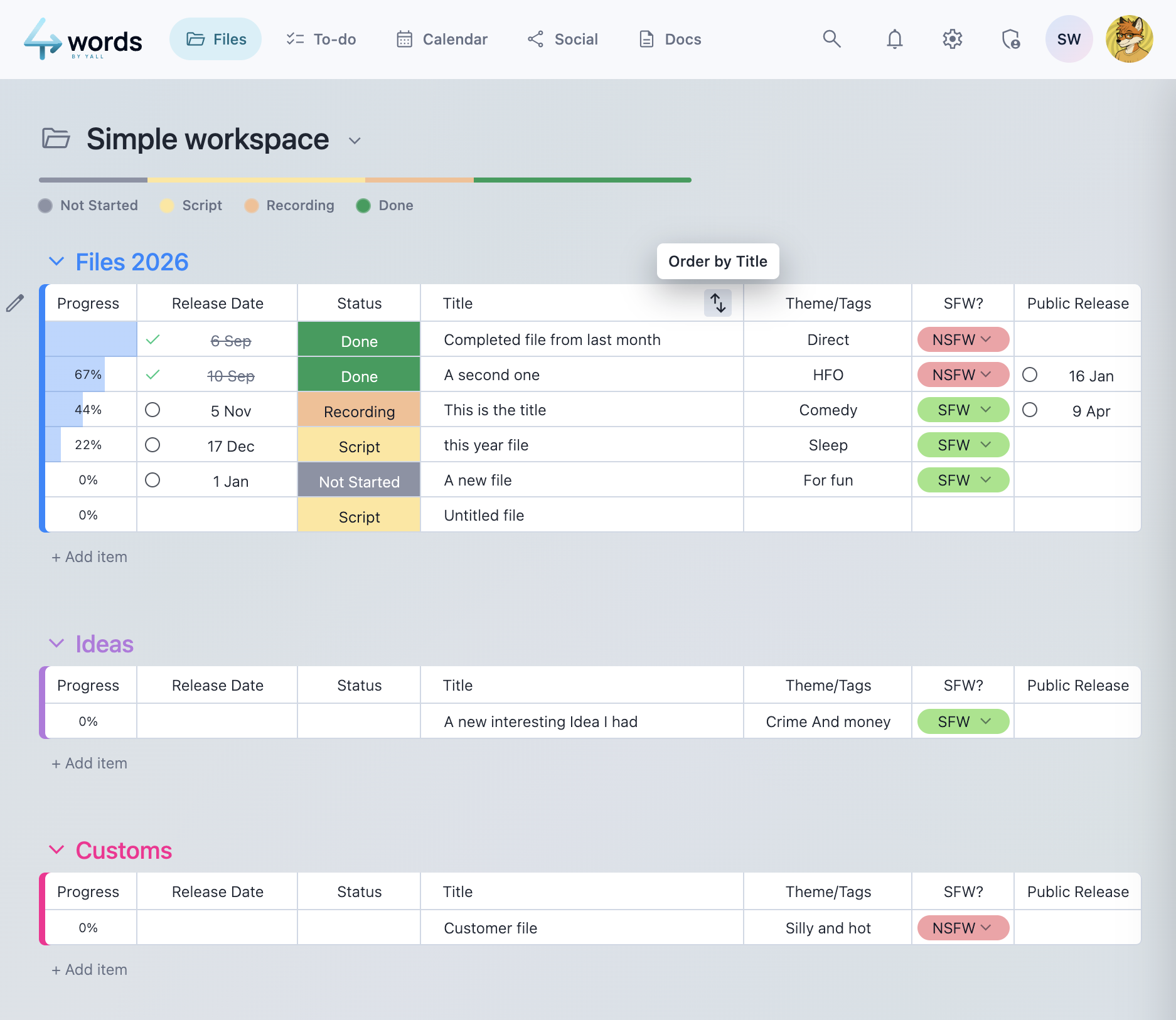 4words workspace with file statuses and label menu